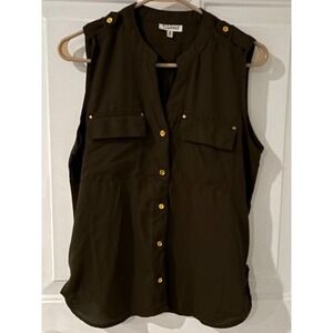 Mileage Olive Green Sleeveless Blouse Top‎ Gold Accents Button Down Medium